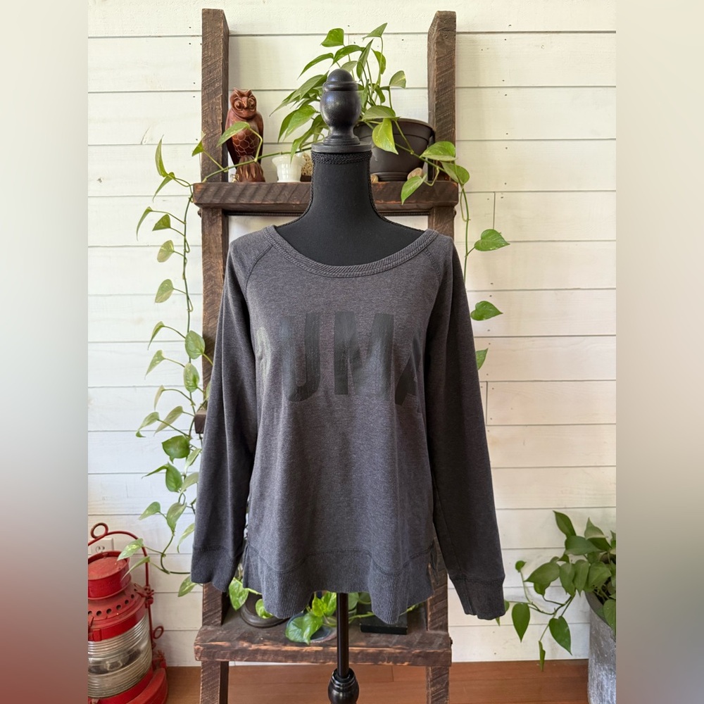 Puma Charcoal Sweatshirt with Distressed Puma Logo Size Medium